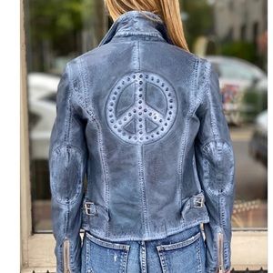 Mauritius blue leather jacket with peace sign size XS